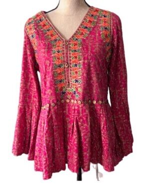 Rang Ja pink India embellished peplum long sleeves blouse